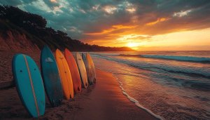 Surfboard Wallpaper: Beach Sunset, Ocean Waves, Summer Vibe, Cool Wallpaper