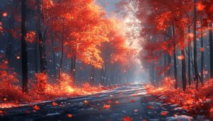 Autumn Wallpaper: Scenic Road with Red Leaves Forest in 4K