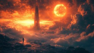 Fiery Sky Wallpaper: Tower, Sun, Clouds - Epic Landscape Scenery
