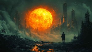 Sci-Fi Cityscape Wallpaper with Giant Sun, Futuristic City Background
