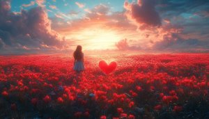 Valentine's Day Wallpaper: Red Flower Field Sunset Heart 4K