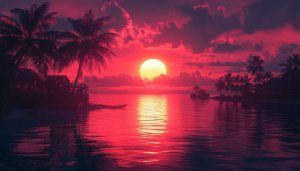 Sunset Wallpaper: Tropical Island Beach Scenery in Red and Gold
