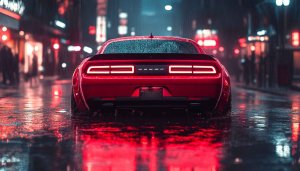 Red Car Wallpaper: Dodge Challenger, Rainy City, 4K Wallpaper
