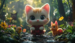 Cute Cat Wallpaper, Cartoon Animal, Forest Background, 4K Wallpaper