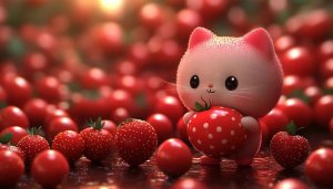 Cute Cat Strawberry Wallpaper, Adorable Animal Wallpaper for Desktop