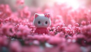 Cute Cat Wallpaper: Pink Flowers, Kawaii, Cartoon, Spring, 4K