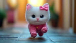 Cute Kitten Wallpaper: White Cat with Pink Bow, 4K HD