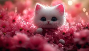 Cute Kitten Wallpaper: Pink Flowers, Adorable Cat Background 4K