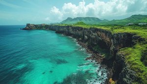 Cliff Wallpaper: Turquoise Ocean, Lush Green Landscape Scenery Wallpaper