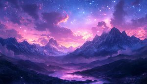 Mountains and Sky Wallpaper, Starry Purple Landscape, Fantasy Wallpaper