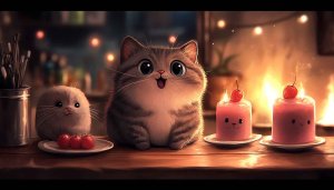 Cute Cat Wallpaper: Animated Kitten with Candles Art