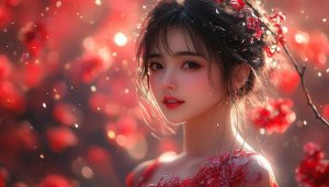 Asian Beauty Wallpaper: Red Flowers, Portrait, 4K, Desktop Background