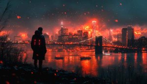 Cyberpunk City Wallpaper, Man Silhouette, Red Aesthetic, Night Wallpaper