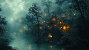 Fantasy Village Wallpaper: Misty Forest Landscape for Desktop Backgrounds 4K