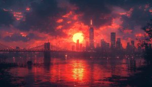Cityscape wallpaper: Sunset sky, river reflection, bridge, and buildings