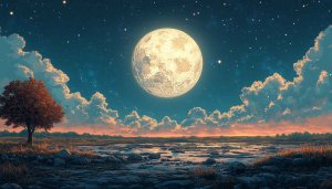 Full Moon Wallpaper: Night Sky, Starry Landscape, Tree Scenery