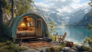 Aesthetic Camper Wallpaper with Lake and Mountain Scenery HD