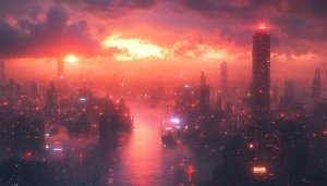 Cyberpunk City Sunset Wallpaper, Futuristic Skyline, Scifi Cityscape Desktop