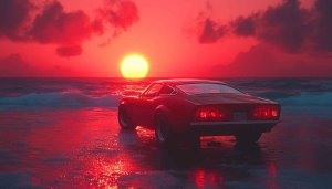 Classic Car Wallpaper: Retro Vehicle on Beach at Sunset, 4K