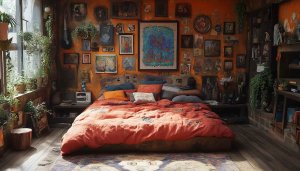 Bohemian Bedroom Wallpaper, Eclectic Home Decor, Interior Design Wallpaper