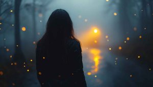 Woman Silhouette Wallpaper: Fog, Streetlight, and Bokeh Photography Art