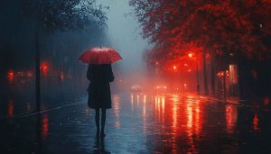 Rainy Night Wallpaper: Cityscape, Red Umbrella, Street Lights 4K