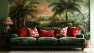 Tropical Wallpaper: Palm Tree Mural, Green Couch Interior Decor