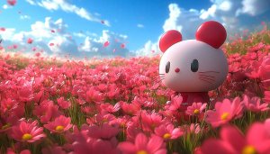 Hello Kitty Wallpaper, Pink Flowers Field, Cute Anime 4K