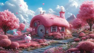 Kawaii Wallpaper: Pink Cottage, Bunny, 4k Wallpaper, Cute Wallpaper
