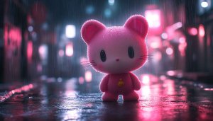 Pink Kitty Wallpaper: Rainy Night City Aesthetic, Kawaii Desktop Backgrounds