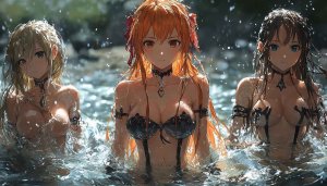 Anime Girl Wallpaper: Three Beauties in Water Scenery Art