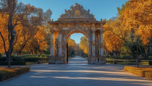 Autumn Park Wallpaper: Monumental Arch with Fall Colors for Desktop