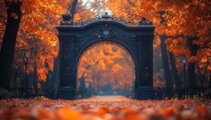 Autumn Gate Wallpaper, Fall Foliage Aesthetic Backgrounds, Landscape Wallpaper