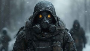 Gas Mask Wallpaper: Post-Apocalyptic Character in Snowy Landscape 4K