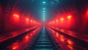 Tunnel Wallpaper: Moody, Red, Blue Neon Train Tracks, Dark Theme