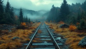 Forest Railroad Wallpaper: Misty Woods and Track Scenery Wallpaper