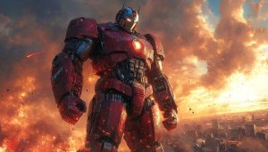 Sci-Fi Robot Wallpaper: Red Mech Warrior in Fiery Apocalypse