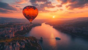 Hot Air Balloon Wallpaper: Sunset Landscape, Nature, Travel, River