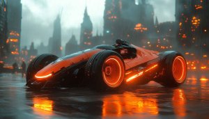 Cyberpunk Car Wallpaper: Futuristic Vehicle in Rainy Cityscape HD