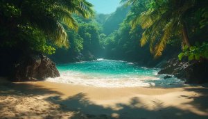 Tropical beach wallpaper: Turquoise water, lush greenery, sandy shore scene