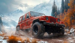 Red Jeep Wallpaper: 4x4 Off-Road Vehicle Adventure in Snow Mountain