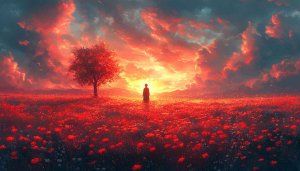 Red Sky Wallpaper, Field Of Flowers, Person Silhouette Artwork