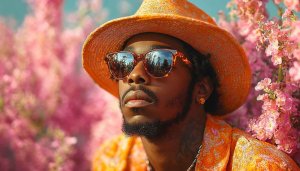 Stylish Man Wallpaper: Hat, Sunglasses, Flowers - Aesthetic Background