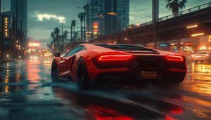 Red Supercar Rainy Cityscape Wallpaper, 4K Car Wallpaper