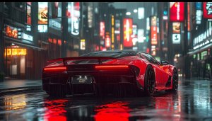 Red Car Wallpaper: Rainy City Street, Neon Lights - 4K