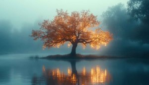 Golden Tree Wallpaper: Serene Lake Reflection - 4k Backgrounds