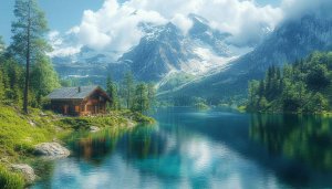 Mountain Lake House Scenery Wallpaper for Desktop and Laptop