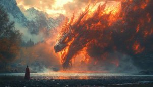 Fiery Dragon Wallpaper, Fantasy Landscape, 4K Wallpaper for Desktop