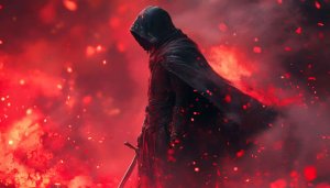Dark Fantasy Wallpaper: Hooded Warrior with Sword, Red Background
