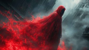 Dark Fantasy Wallpaper: Red Hooded Figure in Eerie Landscape